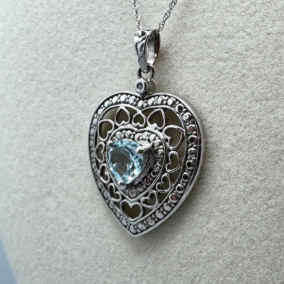 10K WG/925 Filigree Blue Topaz Heart Pendant Necklace - Picture 6 of 16